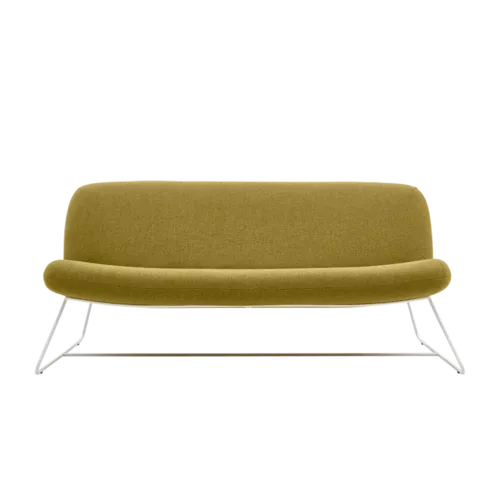 Canapé 2 places design JAVA Softline, tissu Vision jaune ocre, pieds métal blancs vue de face